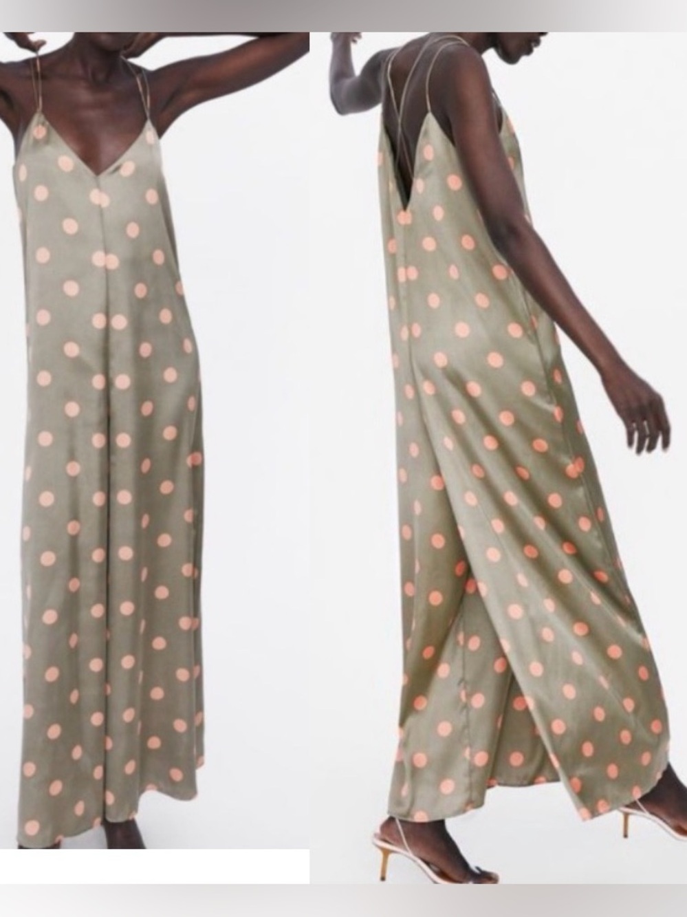Zara Polka Dot Wide Leg Jumpsuit ~ in Olive Green & Light Pink